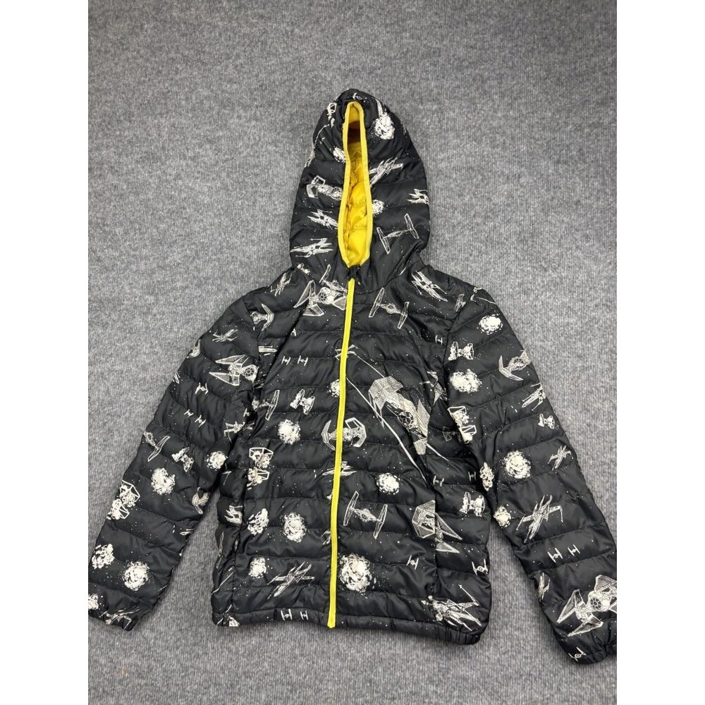 Uniqlo Star Wars Jacket Kids 12 Black Hooded Puffer Full Zip Yellow Lining‎